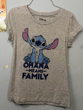 Disney Grey Tee with Blue Stitch and Pink Ears Ohana Graphic